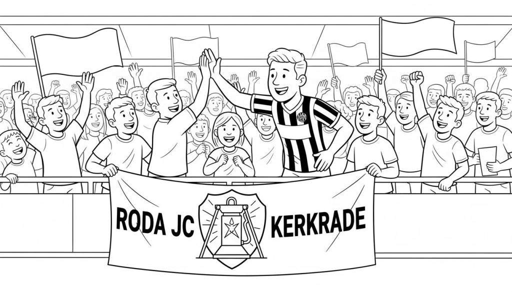 Kleurplaat van enthousiaste Roda JC voetbalfans op de tribune, juichend en high-fiving, met blanco vlaggen en een spandoek met 'RODA JC KERKRADE' en het clublogo van de mijnwerkerslamp.