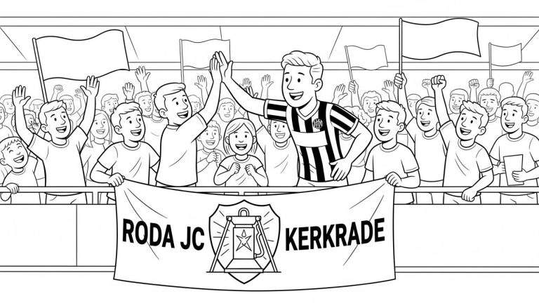 Kleurplaat van enthousiaste Roda JC voetbalfans op de tribune, juichend en high-fiving, met blanco vlaggen en een spandoek met 'RODA JC KERKRADE' en het clublogo van de mijnwerkerslamp.