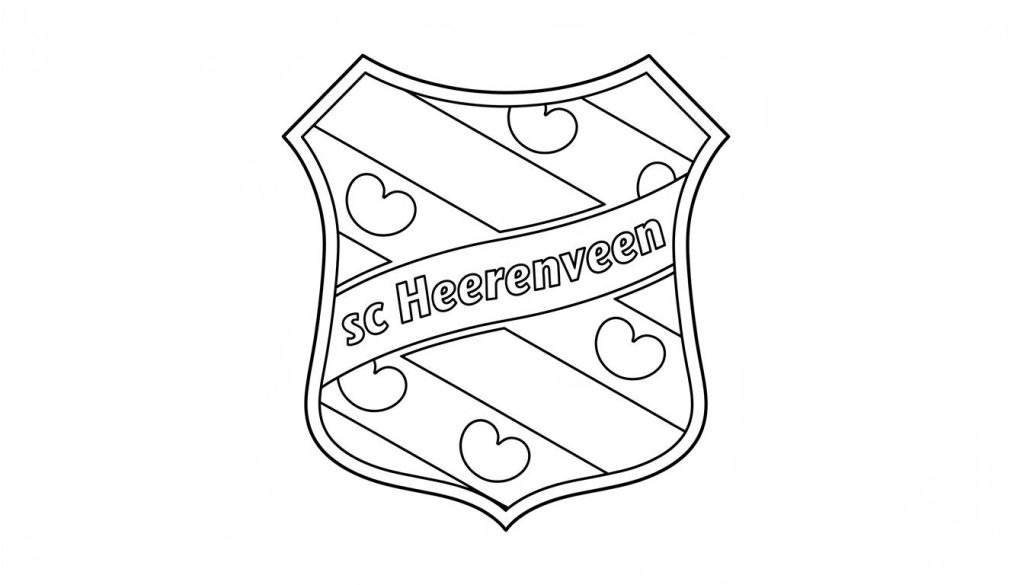 SC Heerenveen logo kleurplaat met schildvorm, diagonale strepen, clubnaam op lint en zeven Friese pompeblêden.