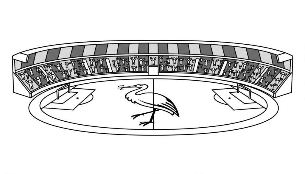 Zwart-wit lijntekening kleurplaat van een ADO Den Haag voetbalstadion. Te zien zijn een gestileerde ooievaar op het veld, twee doeltjes en juichende toeschouwers op de tribunes.