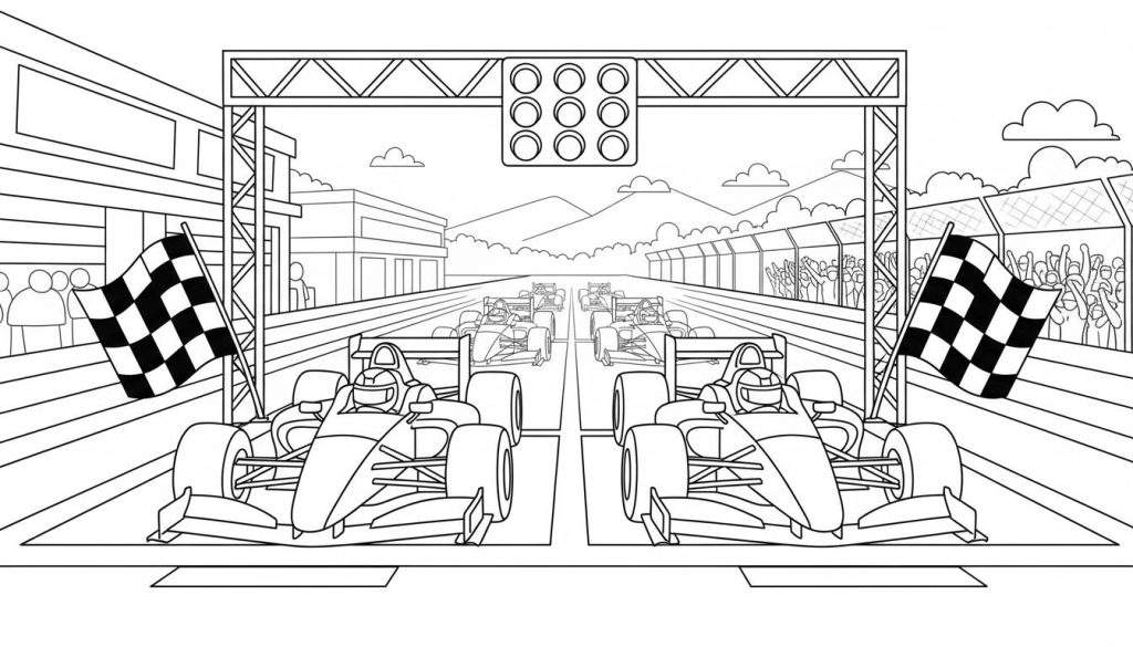 Zwart-wit kleurplaat van een racecircuit met twee Red Bull raceauto's vooraan, een startlichtsysteem, juichende toeschouwers, finishvlaggen en bergen op de achtergrond, klaar voor de start.