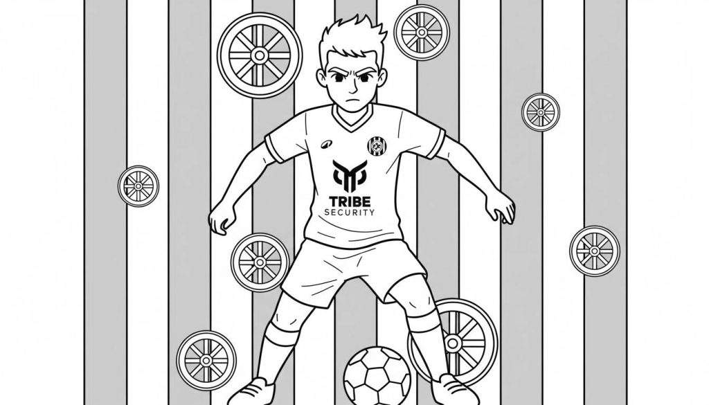 Kleurplaat van een jonge Roda JC voetballer in 'Tribe Security' tenue met voetbal aan zijn voeten, tegen een gestreepte achtergrond met houten wielen.