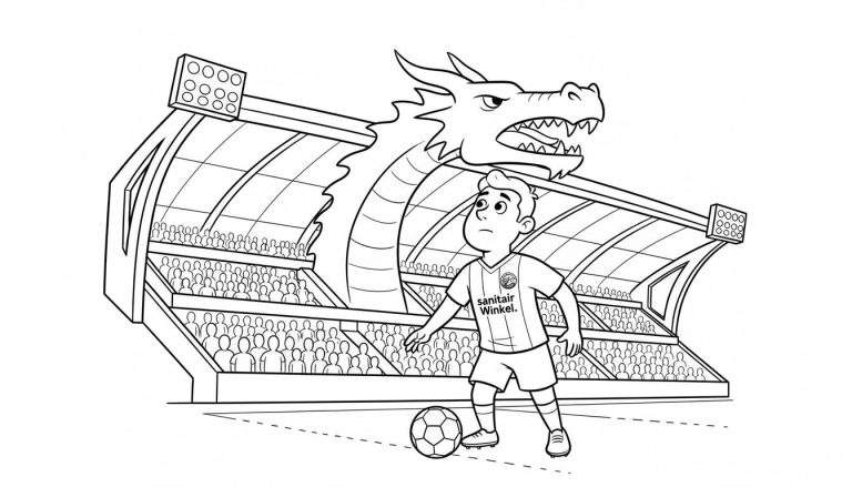 Zwart-wit kleurplaat: FC Den Bosch voetballer met bal kijkt bezorgd omhoog naar een dreigende draak die boven het stadion uitrijst, met toeschouwers en schijnwerpers.