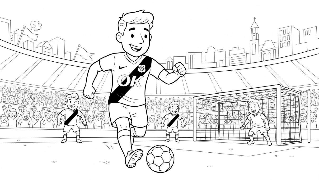 Zwart-wit kleurplaat van een lachende NAC Breda voetballer die rent met de bal, met andere spelers, een keeper, een vol stadion met juichende fans en een stadssilhouet op de achtergrond.