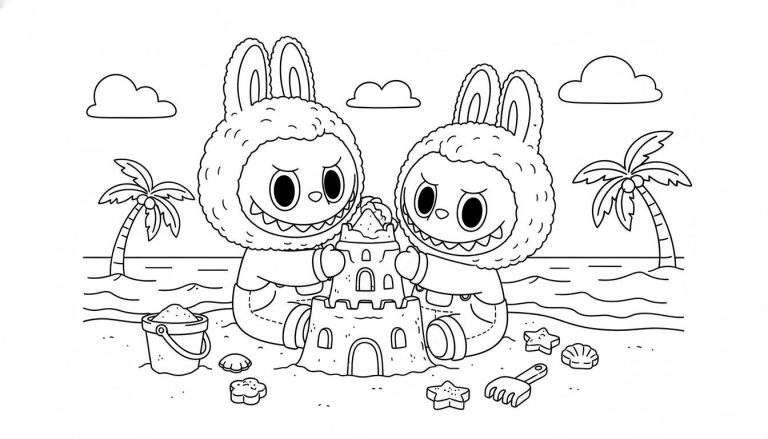 Zwart-wit kleurplaat van twee Labubu-achtige wezentjes met lange konijnenoren die een gedetailleerd zandkasteel bouwen op een zonnig strand, met palmbomen, zee, wolken en strandspeelgoed zoals een emmertje en schepje.