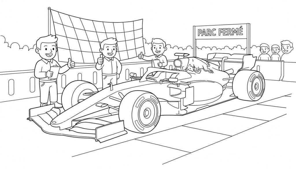 Zwart-wit lijntekening van een Red Bull Formule 1-auto in Parc Fermé, met twee teamleden die juichend hun duim opsteken, en een geblokte finishvlag.