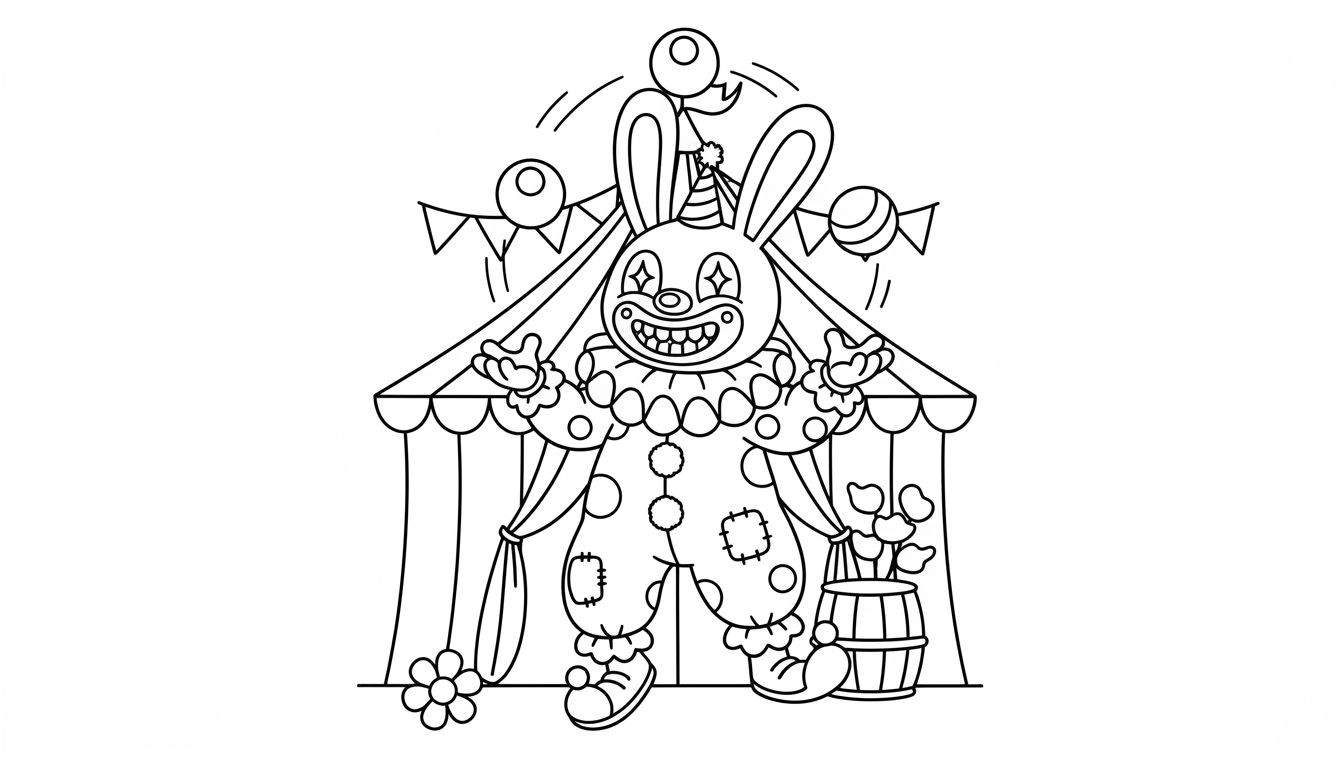 Zwart-wit kleurplaat van een vrolijk Labubu konijn als clown met puntmuts, rode neus en wijde kleding, staand voor een feestelijke circustent met ballonnen en slingers. Het clownskonijn houdt een bloemdoek en een vat met bloemen vast.