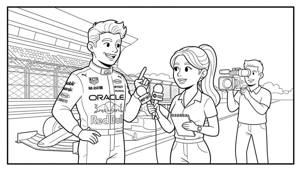 Zwart-wit kleurplaat van Formule 1-coureur Max Verstappen in racepak met sponsorlogo's, die geïnterviewd wordt door een journaliste op een racecircuit, gefilmd door een cameraman. Op de achtergrond zijn toeschouwers en een deel van een raceauto zichtbaar.