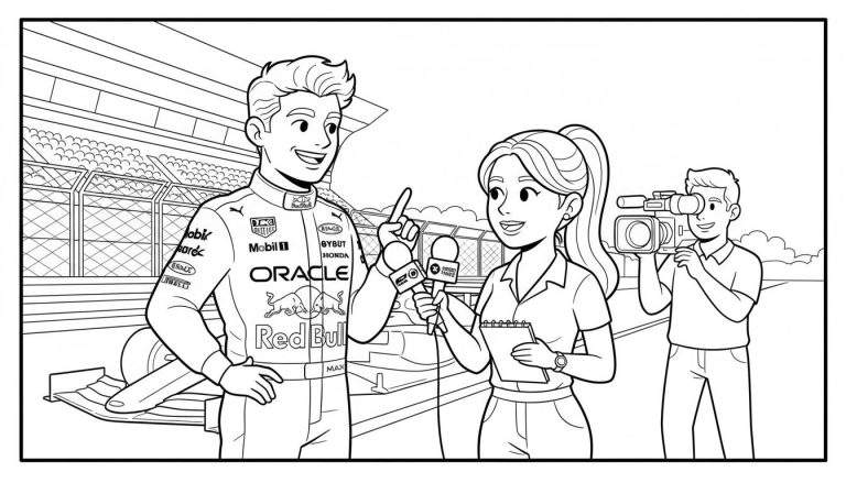 Zwart-wit kleurplaat van Formule 1-coureur Max Verstappen in racepak met sponsorlogo's, die geïnterviewd wordt door een journaliste op een racecircuit, gefilmd door een cameraman. Op de achtergrond zijn toeschouwers en een deel van een raceauto zichtbaar.