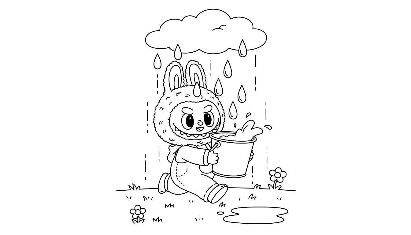 Labubu kleurplaat van een vrolijk rennend konijn-eenhoorn figuur in de regen, met een emmer water en bloemetjes op de grasgrond.