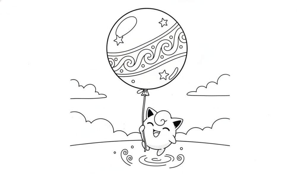 Zwart-wit lijntekening als kleurplaat: Een vrolijke Jigglypuff zweeft met een grote, versierde ballon boven een wateroppervlak met spatten en golven, met wolken op de achtergrond.