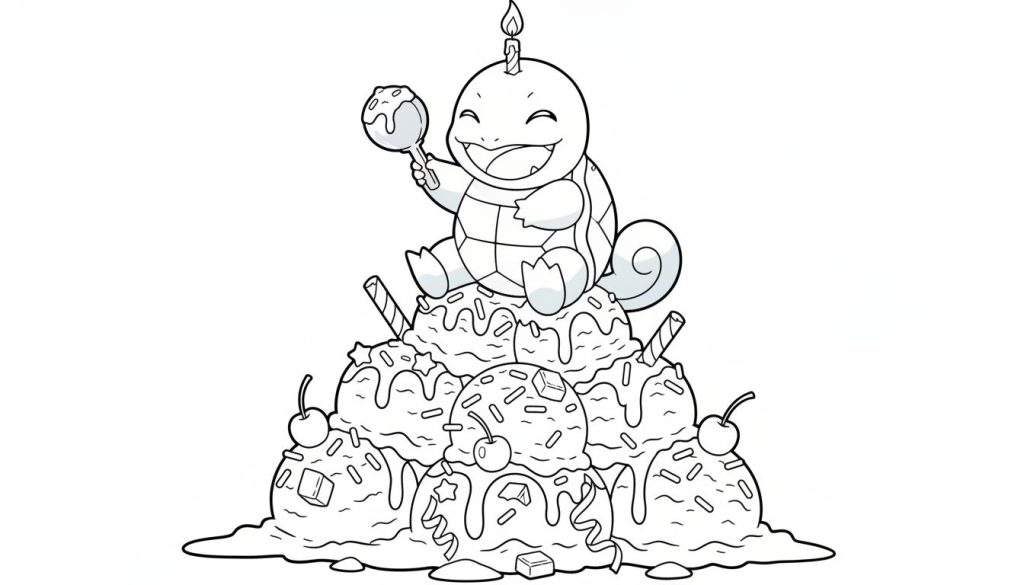 Zwart-wit kleurplaat van een vrolijke Squirtle met een brandend kaarsje op zijn hoofd en een snoepje in zijn poot, zittend op een rijkelijk versierde ijshoop met strooisels, kersen en wafelrolletjes, met gesmolten ijs aan de onderkant.