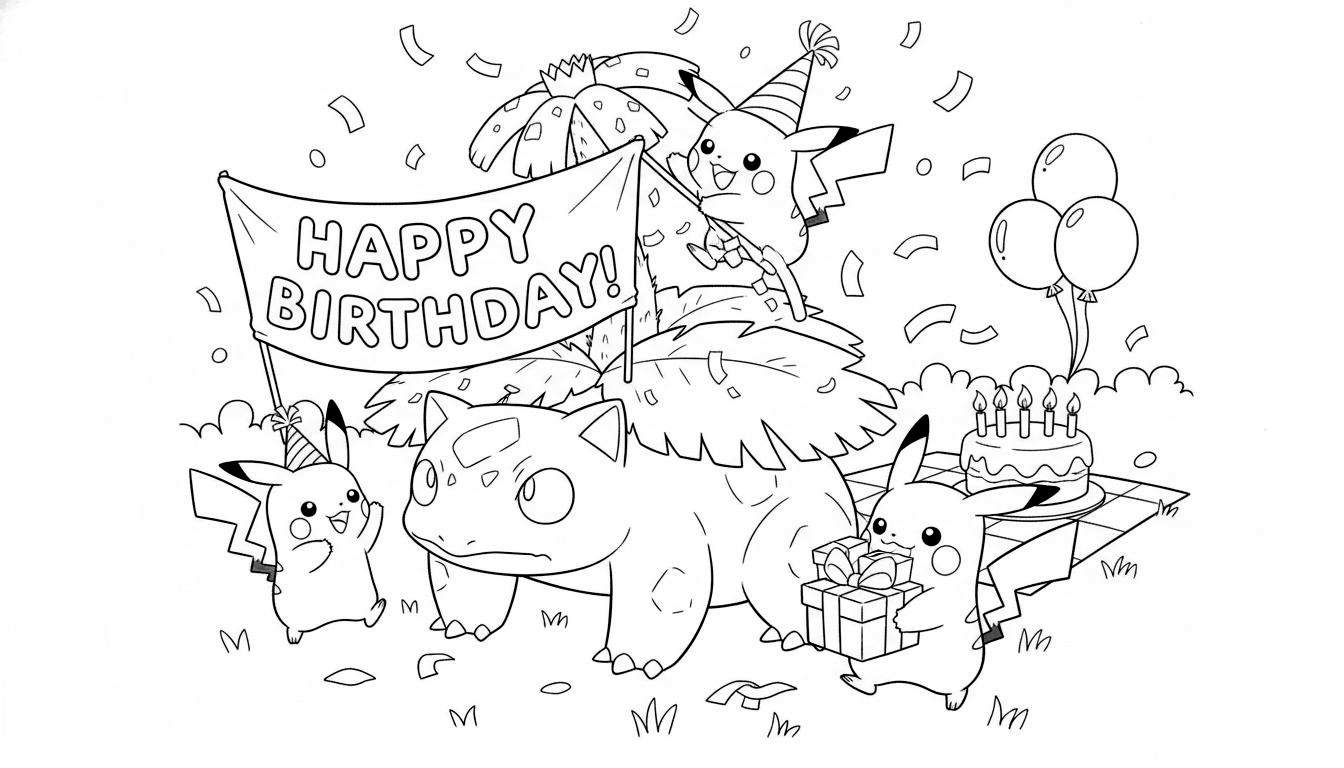 Kleurplaat van een vrolijk Pokémon verjaardagsfeestje met een grote Venusaur, drie Pikachu's met feesthoedjes, een 'Happy Birthday' spandoek, ballonnen, confetti, cadeautjes en een taart met vijf kaarsjes.