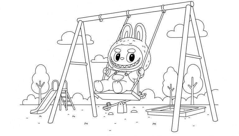 Zwart-wit kleurplaat van Labubu op een schommel in een vrolijke speeltuin met glijbaan, wipwap en zandbak, omringd door bomen en wolken.