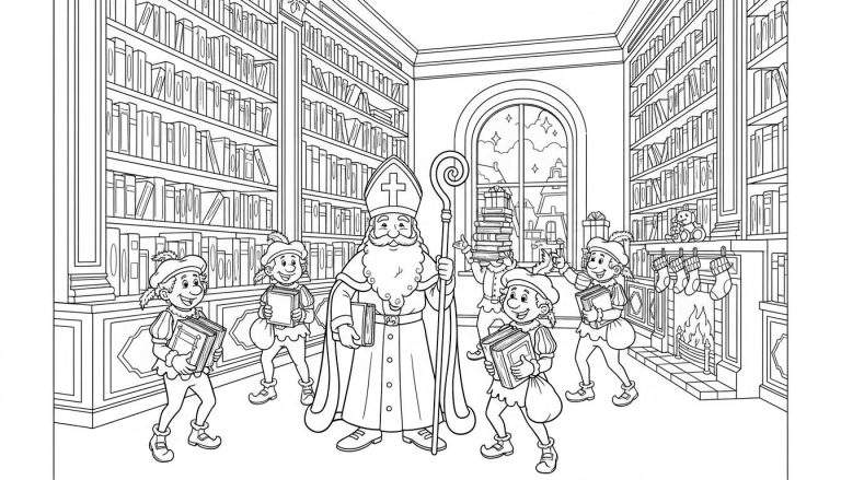 Kleurplaat van Sinterklaas in een grote bibliotheek, omringd door Pieten, hoge boekenkasten, een open haard met sokken, en een besneeuwd winterlandschap door het raam.