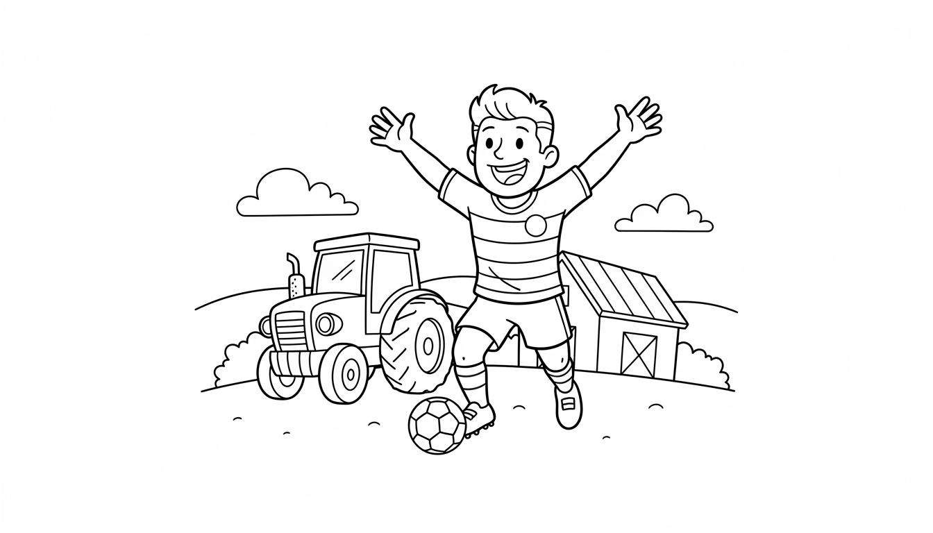 Kleurplaat van een vrolijke jongen die voetbal speelt, met een bal aan zijn voet en armen omhoog. Op de achtergrond staan een tractor en een boerderij in een landelijke omgeving, heuvels en wolken. Onderwerp: De Graafschap.