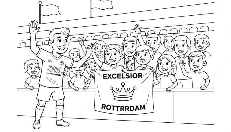 Zwart-wit kleurplaat: een glimlachende jonge Excelsior voetballer met JINC en DSW logo's zwaait naar juichende kinderfans op de tribune. Fans houden een spandoek vast met 'EXCELSIOR ROTTRRRDAM' en een kroon, in een feestelijk voetbalstadion met vlaggen.