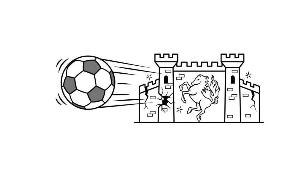 Zwart-wit kleurplaat van een voetbal die met hoge snelheid een kasteel raakt, met barsten in de muur en het iconische FC Twente paardenembleem.