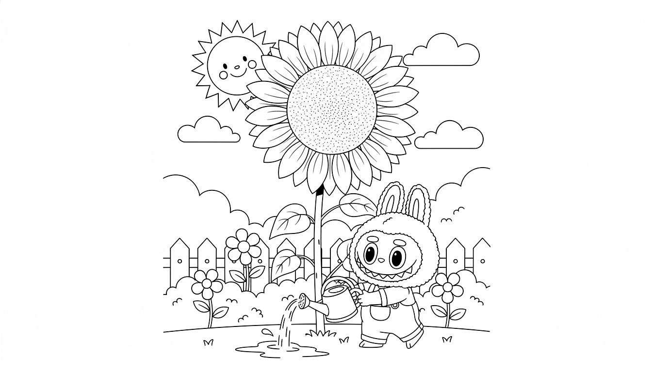 Zwart-witte kleurplaat van een vrolijke tuinscène. Bovenaan links lacht een zon met stralen, geflankeerd door enkele wolken. Centraal staat een enorme zonnebloem met veel blaadjes en een gedetailleerd hart. Onder de zonnebloem staat Labubu, een lief, pluizig figuur dat lijkt op een konijntje of een