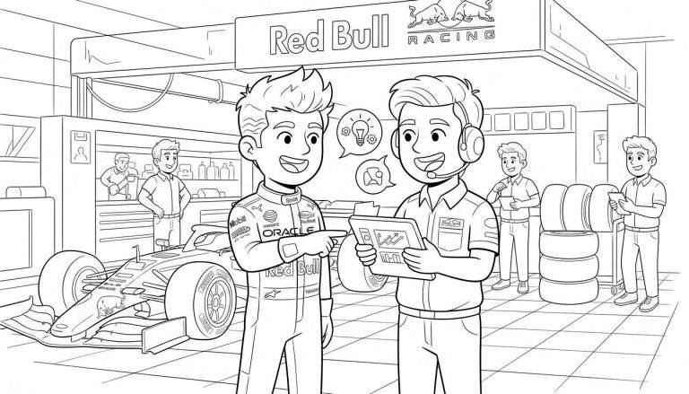 Kleurplaat van een Red Bull Racing Formule 1 garage met teamleden die strategie bespreken bij een F1-auto, banden en gereedschap. Het Red Bull RACING logo is prominent aanwezig.
