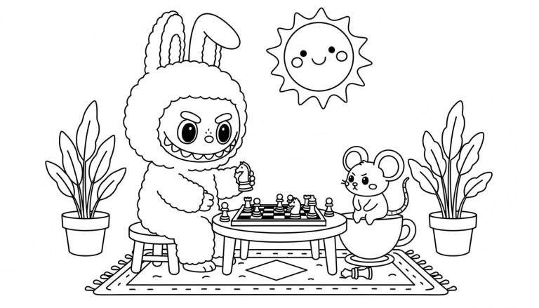 Kleurplaat van Labubu, een pluizig wezen met konijnenoren en een lachende mond, die schaakt tegen een kleine muis in een theekop. Een schaakbord, omgevallen toren, planten en een lachende zon zijn te zien.