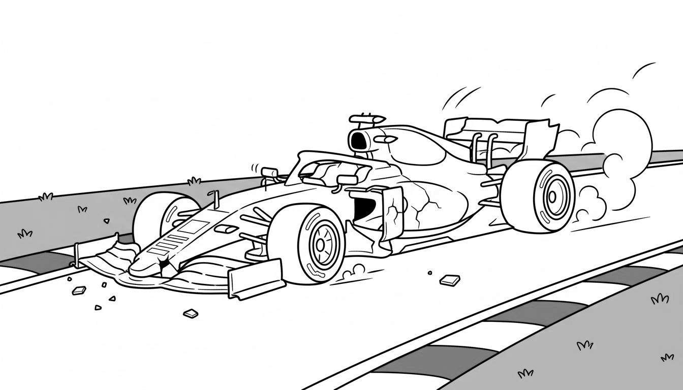 Zwart-wit kleurplaat van een beschadigde Formule 1 Red Bull raceauto met gebroken voorvleugel, deuken en rook aan de achterkant op een circuit.