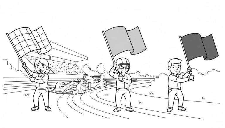 Zwart-wit kleurplaat van een Red Bull F1-racescène met een vrouw die de geblokte finishvlag zwaait, twee mannen met vlaggen, een raceauto op het circuit en een tribune vol fans.