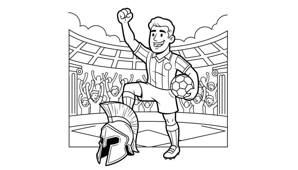 Kleurplaat van een juichende Sparta Rotterdam voetballer, met een voetbal en zijn voet op een Spartaanse helm, tegen de achtergrond van een vol stadion met juichend publiek.