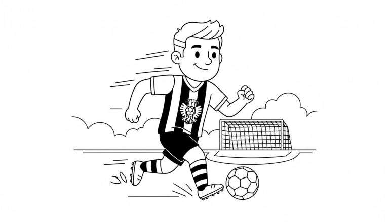 Zwart-wit kleurplaat van een lachende jonge Vitesse-voetballer die rent en de bal dribbelt, met een voetbaldoel op de achtergrond en snelheidlijnen.