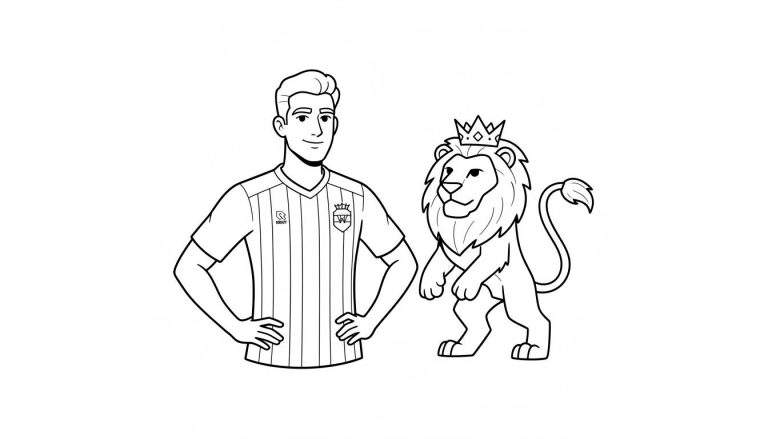Zwart-wit kleurplaat van een lachende man in Willem II sportshirt met 'RODDY' logo, naast cartoonleeuw Roddy met kroon.