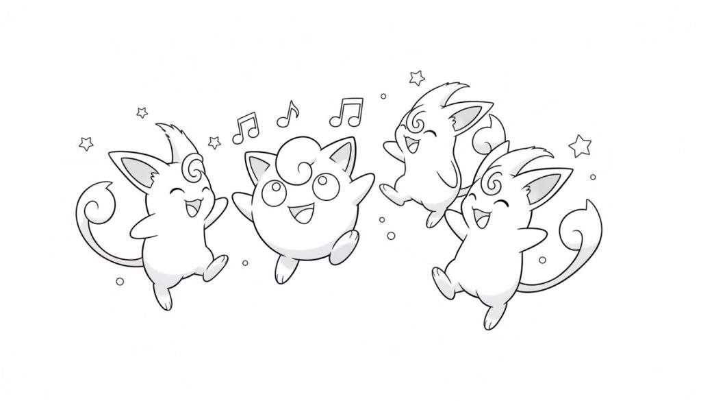 Zwart-wit kleurplaat van een vrolijke Jigglypuff in het midden, omringd door drie dansende Clefairy-achtige Pokémon, met zwevende muzieknoten en sterren.