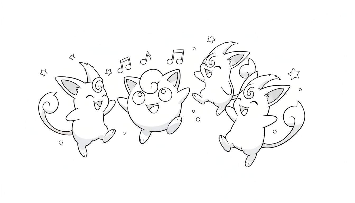 Zwart-wit kleurplaat van een vrolijke Jigglypuff in het midden, omringd door drie dansende Clefairy-achtige Pokémon, met zwevende muzieknoten en sterren.