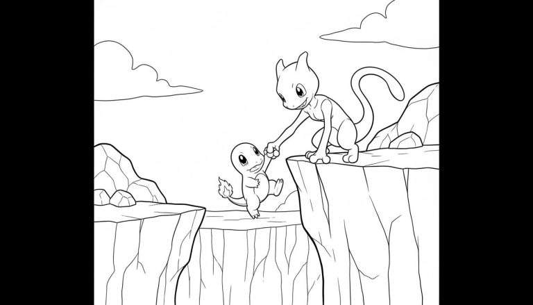 Kleurplaat van Mewtwo die Charmander helpt over een kloof te springen in een berglandschap