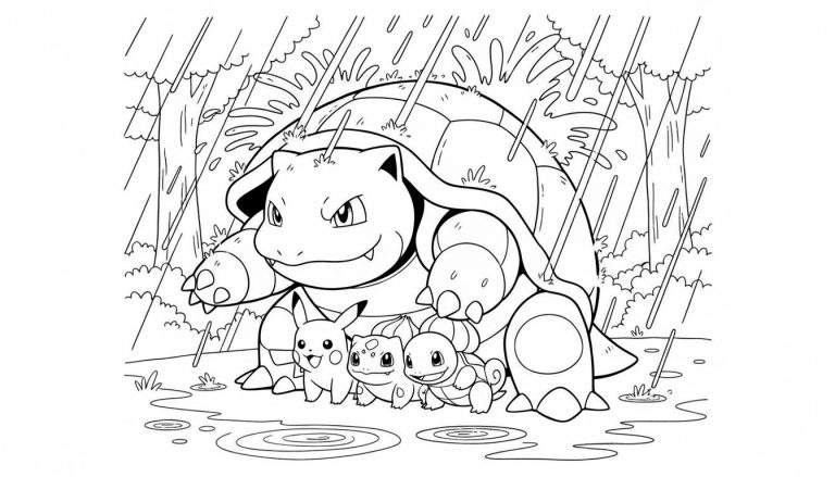 Zwart-wit kleurplaat van Kamex (Blastoise) die Pikachu, Bulbasaur en Squirtle beschermt tegen de regen, met opspattende plassen en bomen op de achtergrond.
