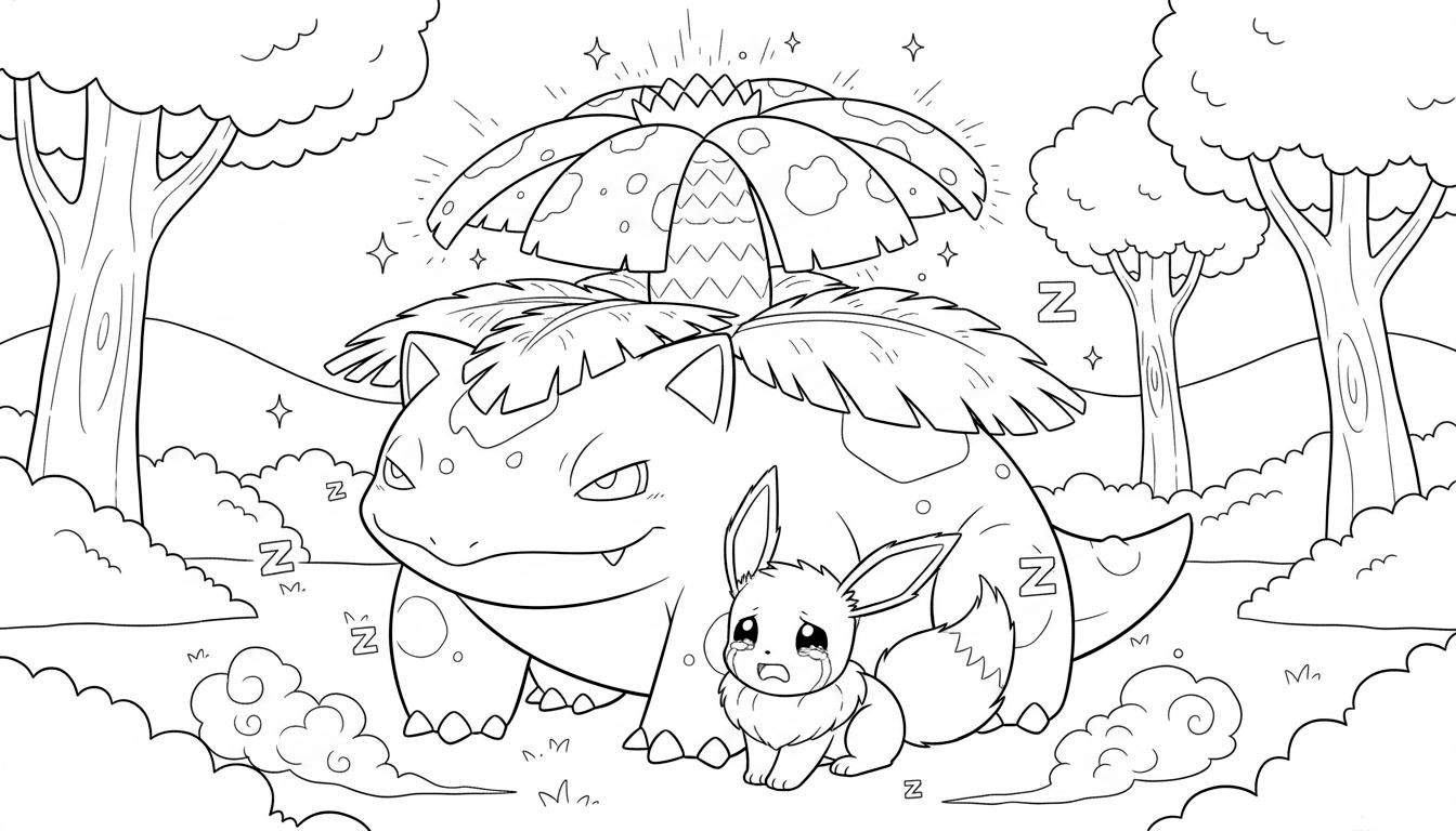 Zwart-wit kleurplaat van een grote, streng kijkende Venusaur met een paraplu-achtige bloem op zijn rug en lichtstralen, zittend voor een huilende Eevee. De scène speelt zich af in een natuurlijke omgeving met bomen, heuvels, zwevende 'Z'-letters en sterretjes.