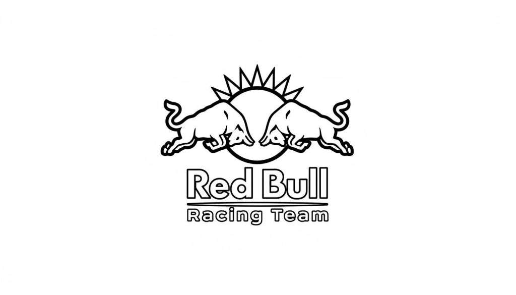 Zwart-witte lijntekening van het Red Bull Racing logo, met twee strijdende stieren, een zon met puntige stralen en de teksten 'Red Bull' en 'Racing Team'.