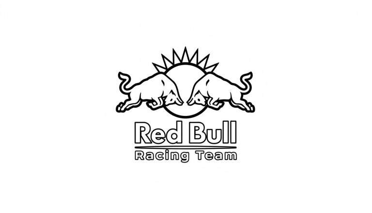Zwart-witte lijntekening van het Red Bull Racing logo, met twee strijdende stieren, een zon met puntige stralen en de teksten 'Red Bull' en 'Racing Team'.