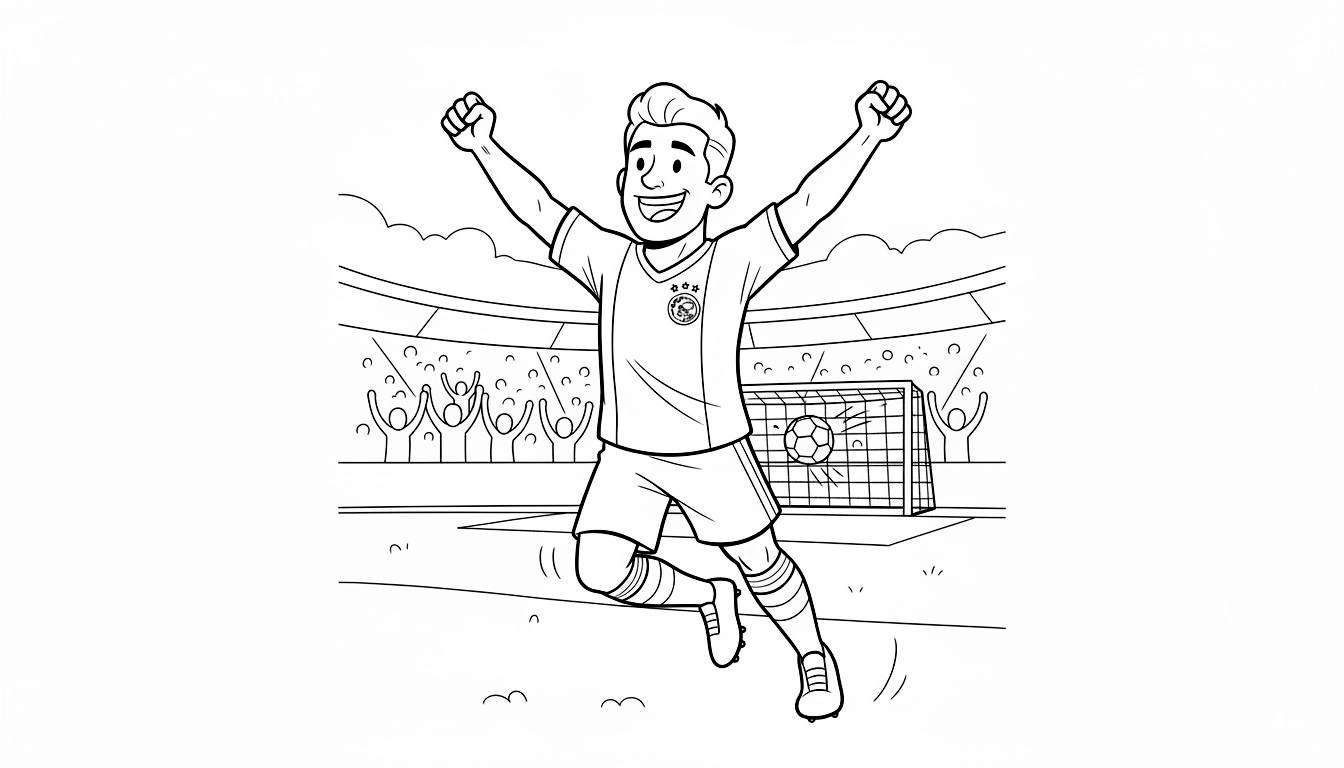 Kleurplaat van een vrolijke Ajax-voetballer die een doelpunt viert in een stadion, met de bal in het net en juichende supporters.