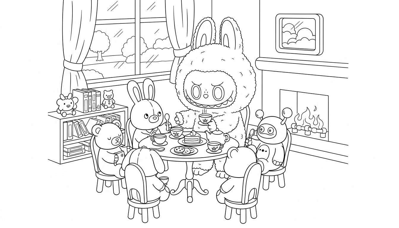 Zwart-wit Labubu kleurplaat van een gezellig theekransje: zes diverse figuren (waaronder een wit konijn, een Labubu-achtig monster met konijnenoren, een robot en teddyberen) zitten rond een tafel met thee en taart, in een kamer met een raam en open haard.