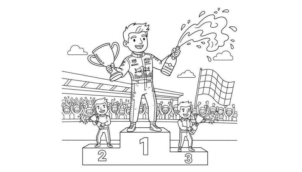 Kleurplaat van een Red Bull Formule 1 winnaar op het podium die champagne spuit en een trofee vasthoudt, geflankeerd door twee andere coureurs, met juichende toeschouwers en een finishvlag op de achtergrond.