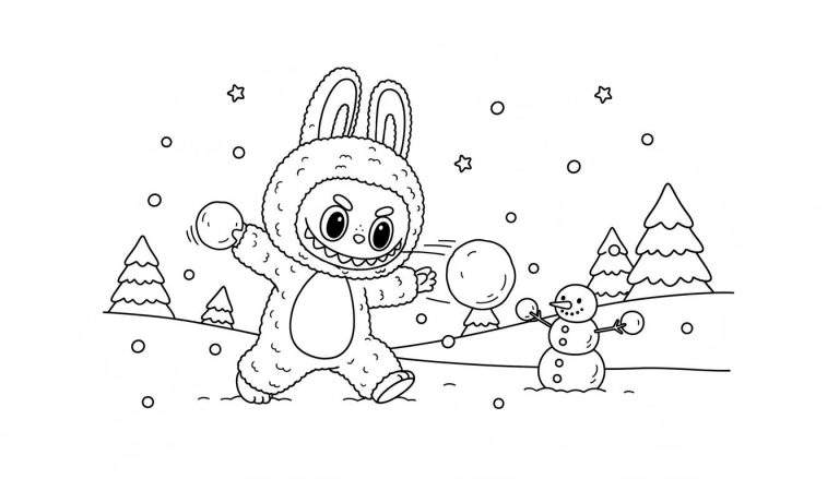 Zwart-wit Labubu kleurplaat: ondeugende Labubu in konijnenpak gooit sneeuwbal naar lachende sneeuwpop in besneeuwde winterscène met dennenbomen en sneeuwvlokken.