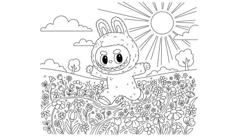 Zwart-wit kleurplaat van Labubu met konijnenoren, lachend en rennend in een uitgestrekt bloemenveld onder de zon.