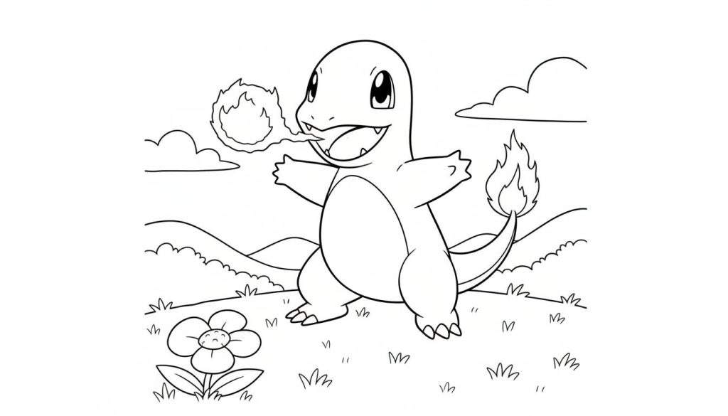 Lijntekening van een vrolijke Charmander die vuur spuwt, met een vlam op zijn staart, in een glooiend landschap met wolken en een bloem op de voorgrond.
