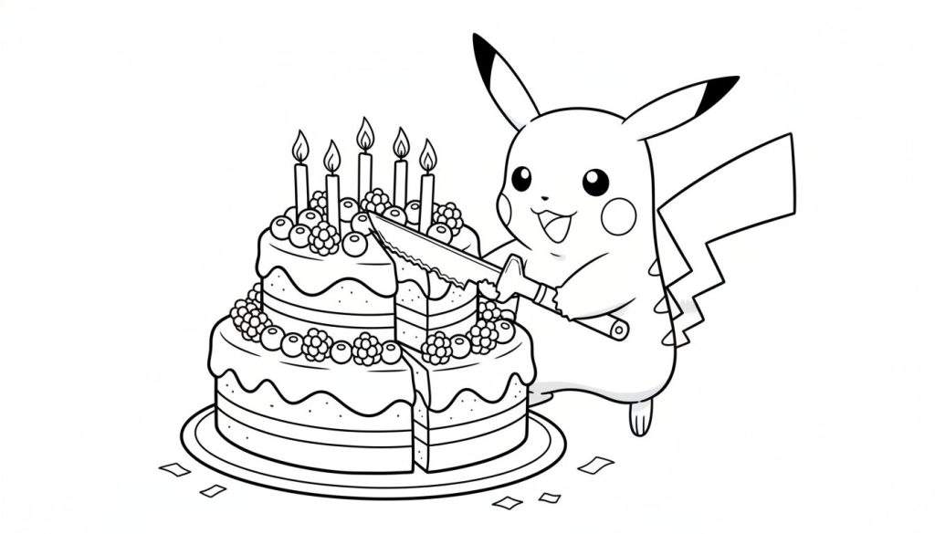 Zwart-wit kleurplaat van een lachende Pikachu die een tweelaagse verjaardagstaart met zes brandende kaarsjes en bessen aansnijdt, met een mes in zijn hand.