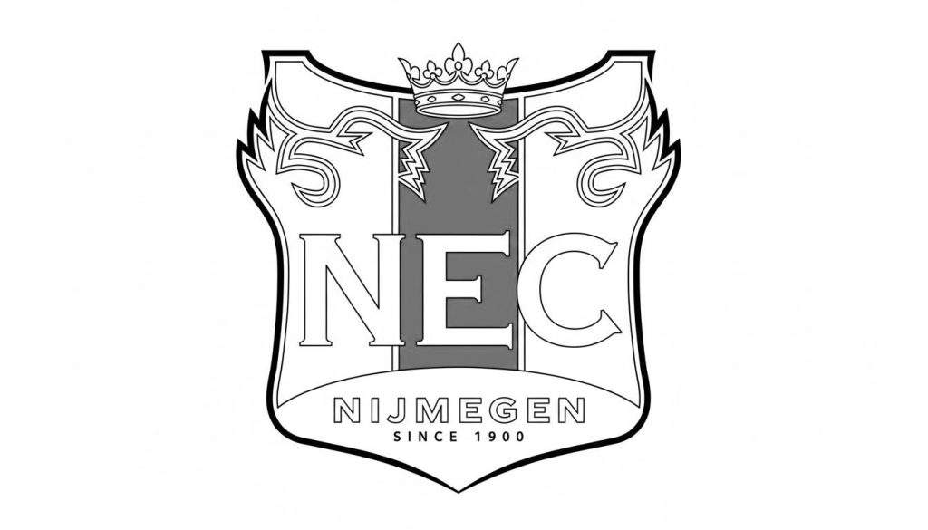 Kleurplaat van het NEC Nijmegen voetbalclub logo. Het is een wapenschild met een kroon, de letters 'NEC', 'NIJMEGEN' en 'SINCE 1900', klaar om ingekleurd te worden.