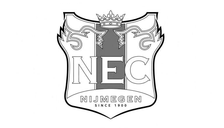 Kleurplaat van het NEC Nijmegen voetbalclub logo. Het is een wapenschild met een kroon, de letters 'NEC', 'NIJMEGEN' en 'SINCE 1900', klaar om ingekleurd te worden.