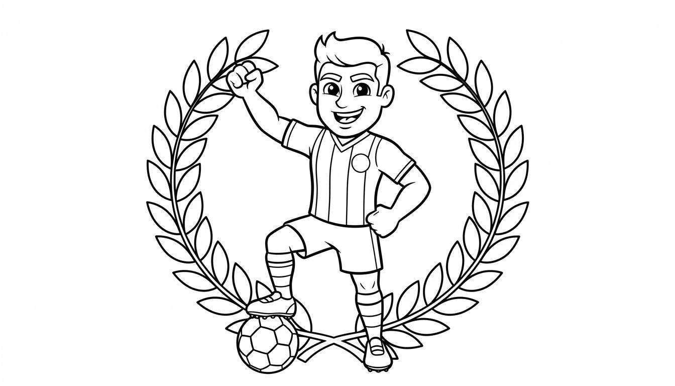 Zwart-wit lijntekening van een juichende jonge Sparta Rotterdam voetballer. Hij draagt een gestreept shirt, korte broek en voetbalschoenen, en staat met zijn linkervoet op een voetbal. Zijn linkerarm is omhoog met een gebalde vuist. De voetballer, met een vrolijke glimlach, is omringd door een gesti