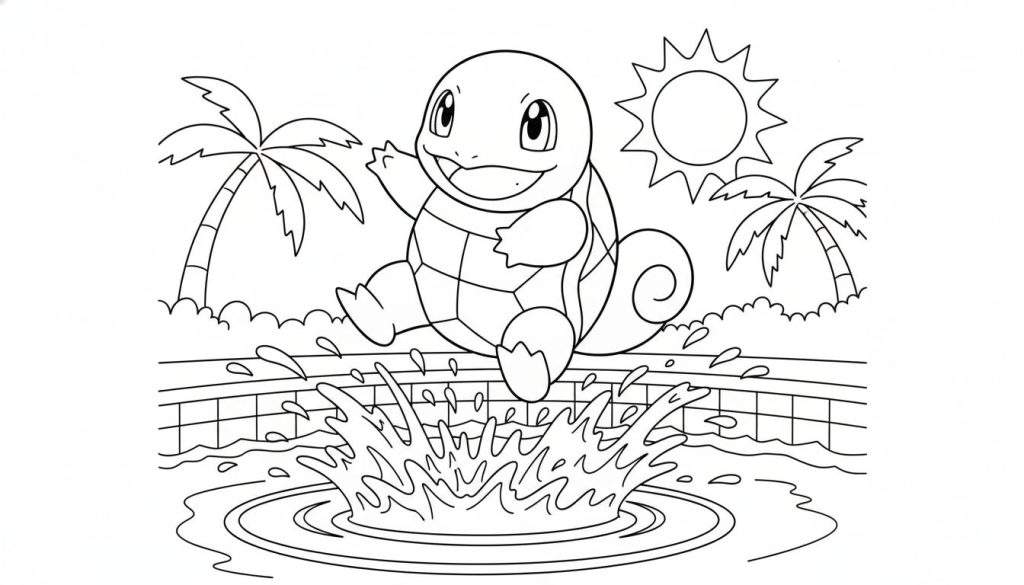Zwart-wit kleurplaat van een lachende Squirtle die in een zwembad springt, met opspattend water, palmbomen, een zon en struikjes op de achtergrond. Zomers Pokémon-thema.