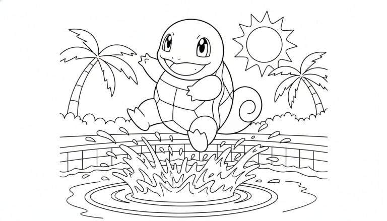 Zwart-wit kleurplaat van een lachende Squirtle die in een zwembad springt, met opspattend water, palmbomen, een zon en struikjes op de achtergrond. Zomers Pokémon-thema.
