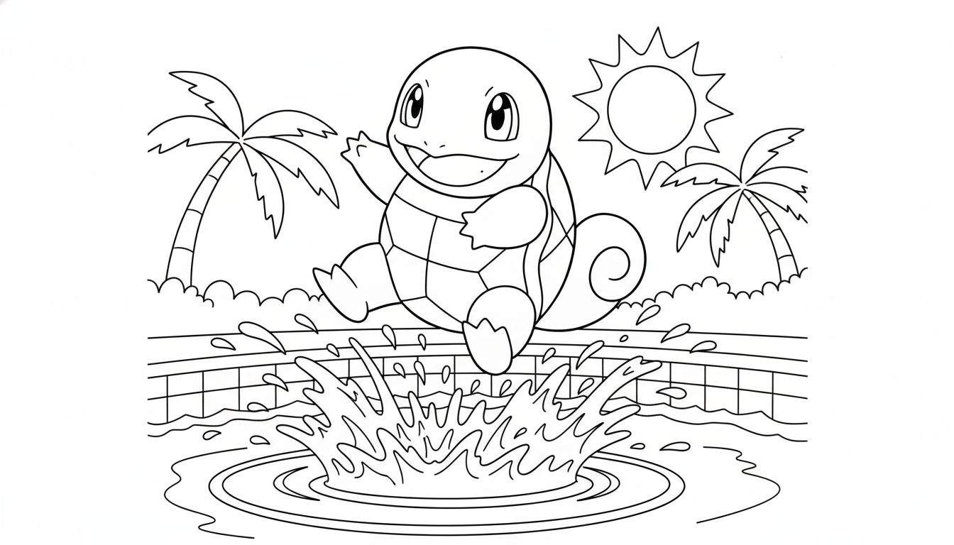 Zwart-wit kleurplaat van een lachende Squirtle die in een zwembad springt, met opspattend water, palmbomen, een zon en struikjes op de achtergrond. Zomers Pokémon-thema.